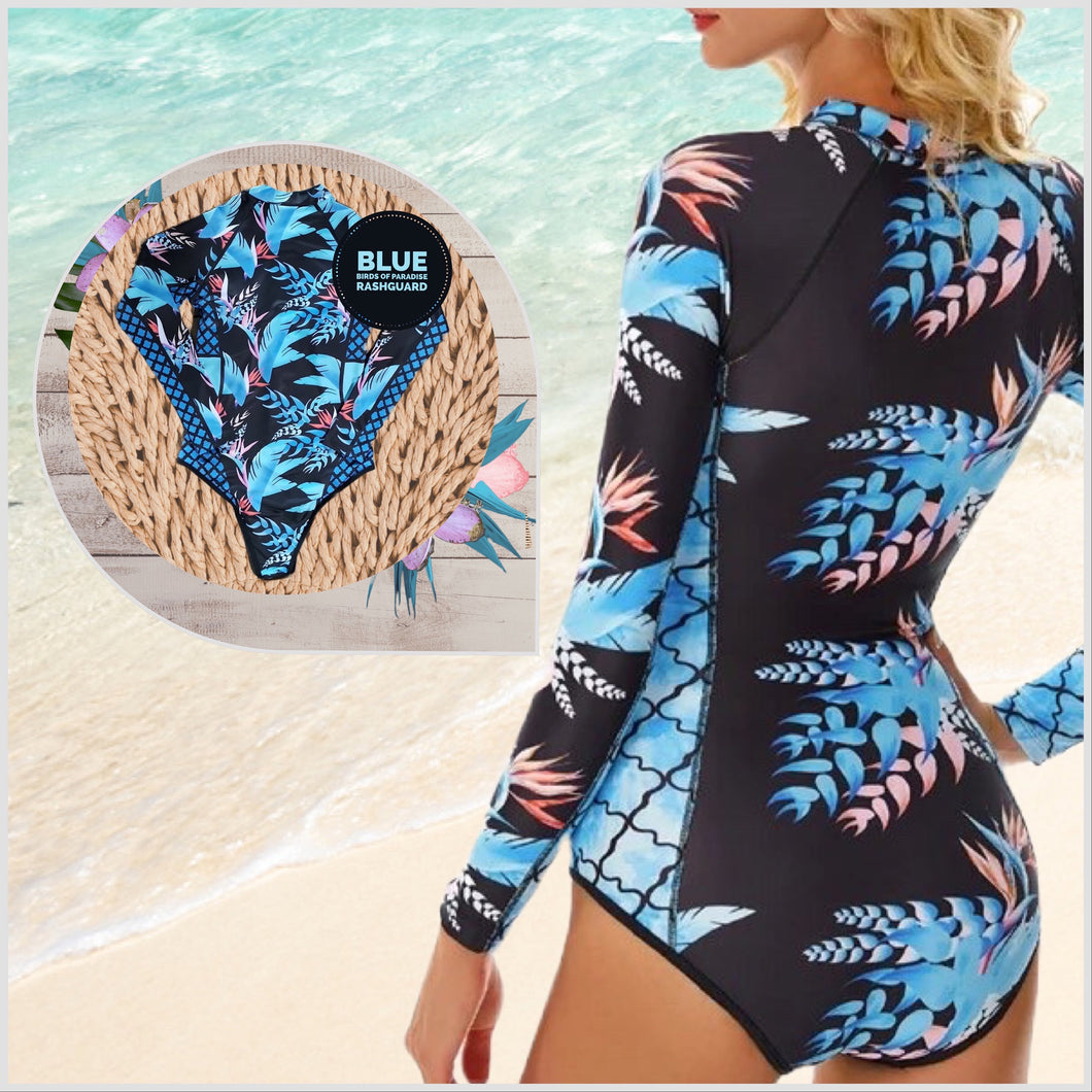 UPF Rashguard Bright Blue Green Hibiscus surf swimsuit + longsleeve variations white black teal turquoise hot pink leopard birds women gift