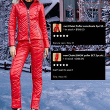 Load image into Gallery viewer, new Chalet SNOW puffer SET 2pc ski jacket &amp; pant coordinate cabin chic vacation fun photo flattering Insta ready black red pink S M L XL 2XL
