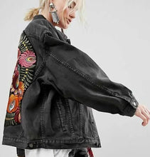 Load image into Gallery viewer, nwt jacket Boho Floral Embroidery on Charcoal denim jacket faded black jean coat
