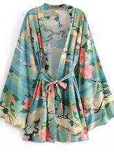 Load image into Gallery viewer, Floral Marina Kimono Robe Resort Chic navy blue aqua flowers Boho beach cover up swim bath pool wrap women turquoise taupe 3/4 short M XL
