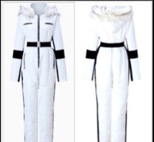 Load image into Gallery viewer, S - 2XL SNOWSUIT Winter White Album one-piece skisuit + black stripes snow-suit sides womens belted hooded skyline cabin mountain resort new
