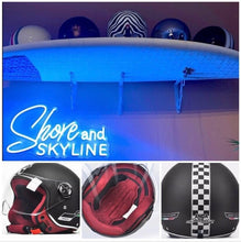 Load image into Gallery viewer, NWT Helmet - His &amp; Her M/L Prix Black Racer + white racing checks w brick red interior ABS - dot certified motorcycle safety w clear visor
