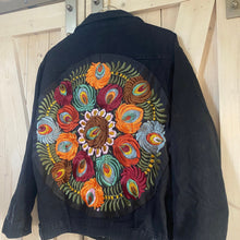 Load image into Gallery viewer, nwt jacket Boho Floral Embroidery on Charcoal denim jacket faded black jean coat
