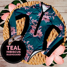 Load image into Gallery viewer, UPF Rashguard Baddie Haute Pink Hibiscus surf swimsuit + variations white black teal turquoise leopard birds beach pool women gift 2023 nwt
