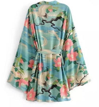 Load image into Gallery viewer, Floral Marina Kimono Robe Resort Chic navy blue aqua flowers Boho beach cover up swim bath pool wrap women turquoise taupe 3/4 short M XL
