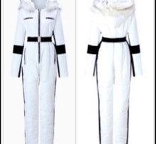 Load image into Gallery viewer, S - 2XL SNOWSUIT Winter White Album one-piece skisuit + black stripes snow-suit sides womens belted hooded skyline cabin mountain resort new
