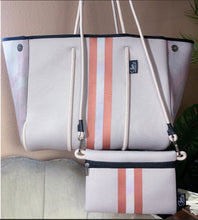 Load image into Gallery viewer, NWT 2-in-1 © SAHARA PEARL Tote &amp; Crossbody premium sand beige neoprene w/ dusty rose camo sides metallic rose-gold stripes sunset champagne
