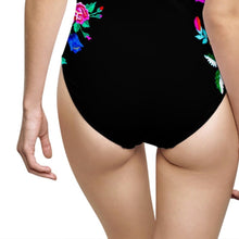 Load image into Gallery viewer, Bamba REINA black floral one-piece swimsuit white stripe waist crisscross back S - 2XL womens ShoreAndSkyline
