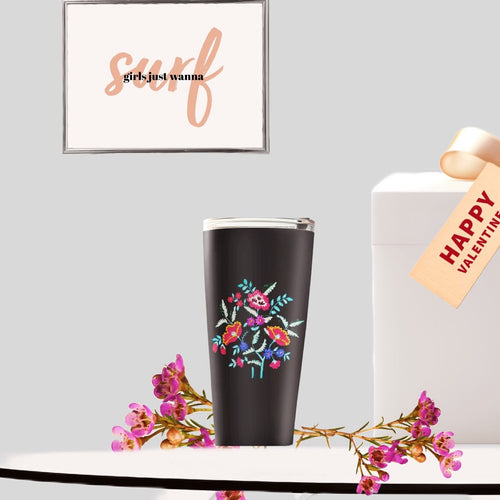 Bamba Bouquet Stainless Steel Travel Mug in black florals vacation checklist 20oz