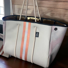 Load image into Gallery viewer, NWT 2-in-1 © SAHARA PEARL Tote &amp; Crossbody premium sand beige neoprene w/ dusty rose camo sides metallic rose-gold stripes sunset champagne
