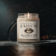 Load image into Gallery viewer, shhhUT UP &amp; KISS ME candle smells like him aromatic lavender sandalwood sage soy wax 9oz glass lid 60 hour Valentines gift bronze pink lip
