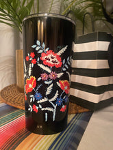 Load image into Gallery viewer, Bamba Bouquet Stainless Steel Travel Mug in black florals vacation checklist 20oz
