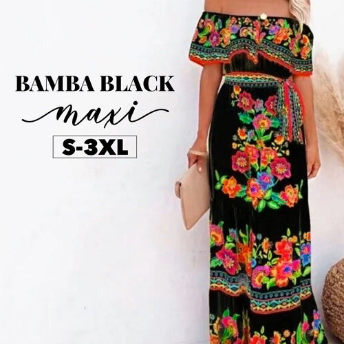 S - 2XL maxi Bamba Black / Boho Blanco resort cruise quince dress twist on campesino tradition + smooth floral or ombré prints > photography