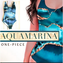 Load image into Gallery viewer, Aquamarina SWIMSUIT 2 or 1 piece XS-2XL sea blue aqua turquoise aquamarine geode swirls + ombré beach cover-up skirt Valentines women swim
