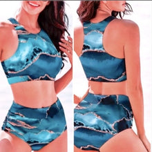 Load image into Gallery viewer, Aquamarina SWIMSUIT 1 or 2 piece XS-2XL sea blue aqua turquoise aquamarine geode swirls + ombré beach cover-up skirt Valentines Vacay gift
