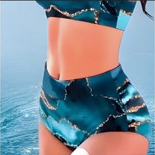 Load image into Gallery viewer, Aquamarina SWIMSUIT 1 or 2 piece XS-2XL sea blue aqua turquoise aquamarine geode swirls + ombré beach cover-up skirt Valentines Vacay gift
