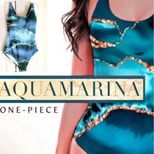 Load image into Gallery viewer, Aquamarina SWIMSUIT 1 or 2 piece XS-2XL sea blue aqua turquoise aquamarine geode swirls + ombré beach cover-up skirt Valentines Vacay gift
