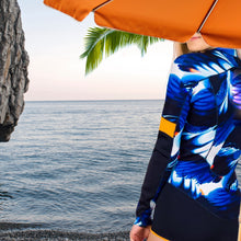 Load image into Gallery viewer, UPF 40+ Rashguard Blue Breeze Coral longsleeve one-piece royal blue white &amp; blackest navy swimsuit + tangerine surf swim ski paddle kayak
