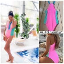 Load image into Gallery viewer, Sherbet Swim variations: shortsleeve springsuit / longsleeve rashguard / halter sleeveless swimsuit bright pastel pink blue aqua colorblock
