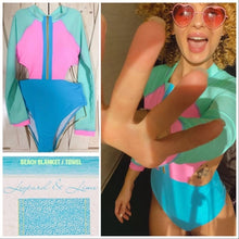 Load image into Gallery viewer, Sherbet Swim variations: shortsleeve springsuit / longsleeve rashguard / halter sleeveless swimsuit bright pastel pink blue aqua colorblock
