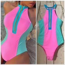 Load image into Gallery viewer, Sherbet Swim: 2 variations longsleeve rashguard or halter one-piece sleeveless swimsuit - both bright pastel pink blue aqua colorblock XS-XL
