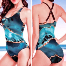 Load image into Gallery viewer, Aquamarina SWIMSUIT 1 or 2 piece XS-2XL sea blue aqua turquoise aquamarine geode swirls + ombré beach cover-up skirt Valentines Vacay gift
