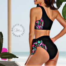 Load image into Gallery viewer, Black Floral Swimsuit in bamba brights black pink turquoise flowers in 3 styles Duchess one-shoulder 2pc / Empress 1pc / Countess halter 2pc
