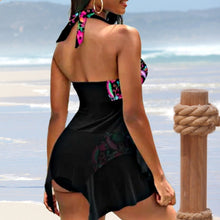 Load image into Gallery viewer, Black Floral Swimsuit in bamba brights black pink turquoise flowers in 3 styles Duchess one-shoulder 2pc / Empress 1pc / Countess halter 2pc
