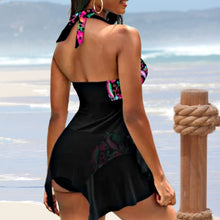 Load image into Gallery viewer, Black Floral Swimsuit in bamba brights black pink turquoise flowers in 3 styles Duchess one-shoulder 2pc / Empress 1pc / Countess halter 2pc
