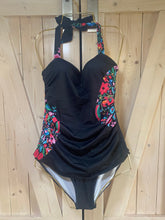 Load image into Gallery viewer, Black Floral Swimsuit in bamba brights black pink turquoise flowers in 3 styles Duchess one-shoulder 2pc / Empress 1pc / Countess halter 2pc
