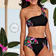 Load image into Gallery viewer, modest swimwear 2024 new black floral one shoulder two-piece swimsuit women
