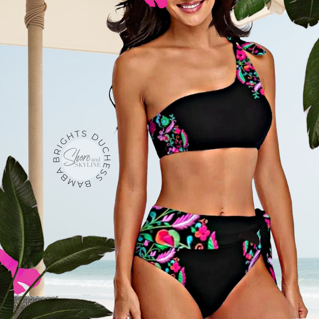 modest swimwear 2024 new black floral one shoulder two-piece swimsuit women