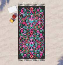 Load image into Gallery viewer, Boho beach blanket fringed wrap pool towel sandfree XL 6.5 ft black Bamba splash / floral or Serape stripes or Pearl solid + cabana stripes
