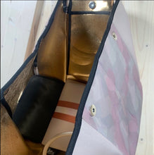 Load image into Gallery viewer, NWT © Onyx Leopard 2.0 black neoprene Tote w/ dark leopard &amp; taupe sides + metallic gold and rose-gold racing stripes ( bright gold lining )
