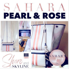 Load image into Gallery viewer, © Sahara Pearl waterproof tote &amp; crossbody sand beige premium neoprene + pearlescent &amp; sunset rose-gold stripes &amp; champagne mirage interior holiday gift ShoreAndSkyline
