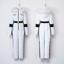 Load image into Gallery viewer, winter SNOWSUIT pink album white fur hood smooth puffer black stripe belted womens skisuit insulated pockets
