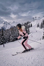 Load image into Gallery viewer, winter SNOWSUIT pink album white fur hood smooth puffer black stripe belted womens skisuit insulated pockets
