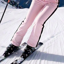 Load image into Gallery viewer, winter SNOWSUIT pink album white fur hood smooth puffer black stripe belted womens skisuit insulated pockets
