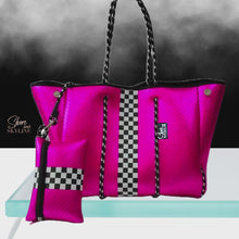 Load and play video in Gallery viewer, Waterproof Metallic Racer Tote Bag magenta pink / titanium silver neoprene + black and white racing checks purse by Shore and Skyline gift present 2024
