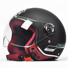 Load image into Gallery viewer, NWT Helmet - His &amp; Her M/L Prix Black Racer + white racing checks w brick red interior ABS - dot certified motorcycle safety w clear visor
