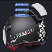 Load image into Gallery viewer, NWT Helmet - His &amp; Her M/L Prix Black Racer + white racing checks w brick red interior ABS - dot certified motorcycle safety w clear visor
