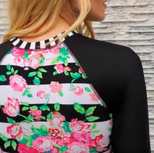 Load image into Gallery viewer, UPF Rashguard: Black Flora-Line surfsuit / swimsuit [ Small Medium Large X-Large XXL black white stripe pink floral modest beautiful 2021
