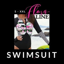 Load image into Gallery viewer, UPF Rashguard: Black Flora-Line surfsuit / swimsuit [ Small Medium Large X-Large XXL black white stripe pink floral modest beautiful 2021
