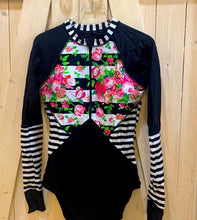Load image into Gallery viewer, UPF Rashguard: Black Flora-Line surfsuit / swimsuit [ Small Medium Large X-Large XXL black white stripe pink floral modest beautiful 2021
