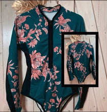 Load image into Gallery viewer, UPF Rashguard black leopard or teal turquoise coral peach white blue green hibiscus swimsuit slimming surf beach pool lake snorkel beach
