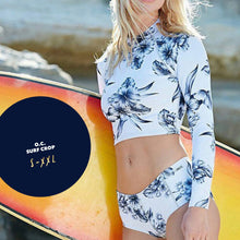 Load image into Gallery viewer, s-xxl O.C. #Surf CROP Swimsuit - navy &amp; royal blue floral on white UPF rash crop rashguard beach pool lake swim paddle scuba snorkel
