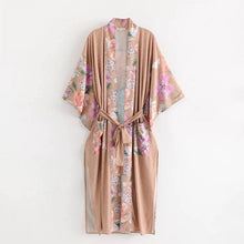 Load image into Gallery viewer, Apricot Marbella KIMONO full / half length lounge Robe / beach Cover-Up / Pool Wrap / soft Kaftan - beige khaki cream peach peacock belted
