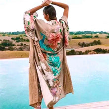 Load image into Gallery viewer, Apricot Marbella KIMONO full / half length lounge Robe / beach Cover-Up / Pool Wrap / soft Kaftan - beige khaki cream peach peacock belted
