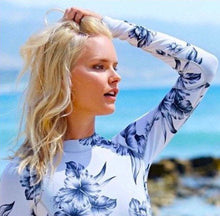 Load image into Gallery viewer, s-xxl O.C. #Surf CROP Swimsuit - navy &amp; royal blue floral on white UPF rash crop rashguard beach pool lake swim paddle scuba snorkel
