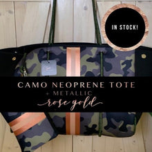 Load image into Gallery viewer, NWT © Onyx Leopard 2.0 black neoprene Tote w/ dark leopard &amp; taupe sides + metallic gold and rose-gold racing stripes ( bright gold lining )
